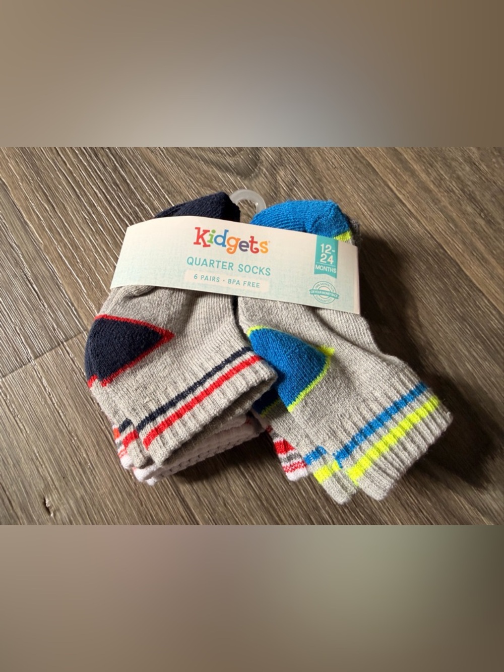 Kidgets Gray Socks with Blue, Neon Yellow & Red Accents - 6 Pack